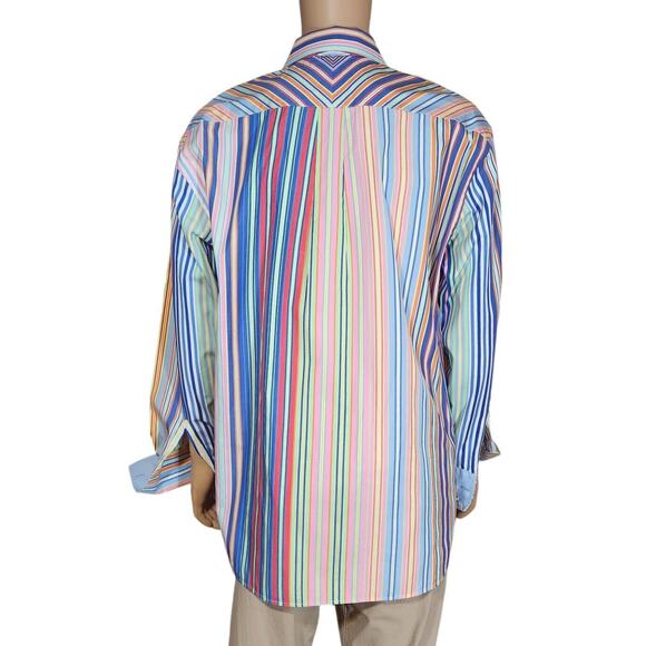 Tommy Hilfiger Men’s L French Cuff Button Down Stripe Shirt Y2K Blue Pink Yellow - Picture 1 of 5